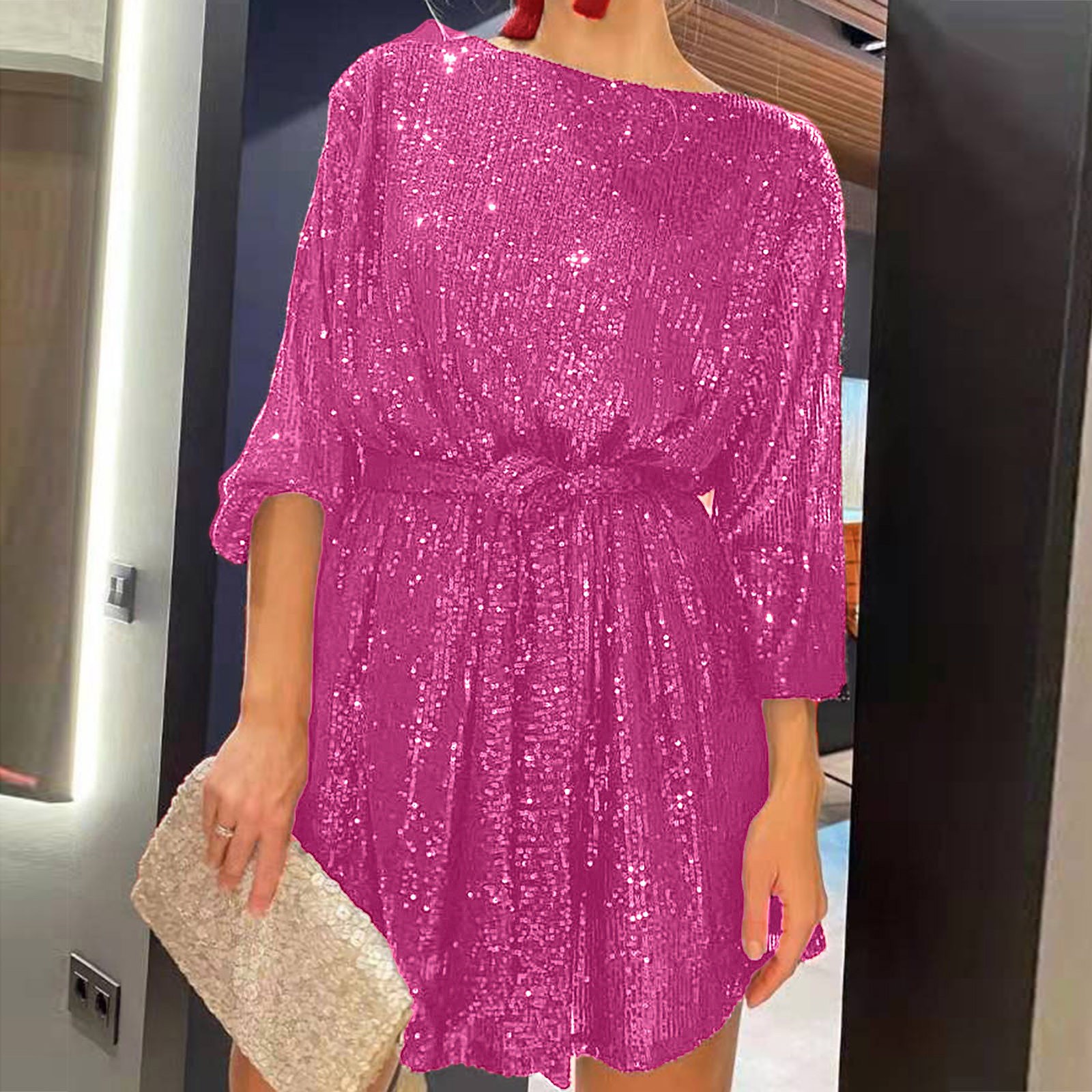 thumbnail image 2 of Vestido de fiesta con lentejuelas, cordones y encaje, manga larga, largo por encima de la rodilla, elegante, poliéster, ropa formal., 2 of 6